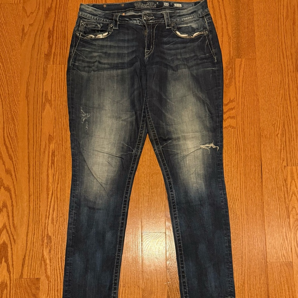 EUC, Miss Me Blue Skinny Jeans with Distressed Details, Size 32, Inseam 33